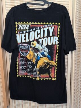 PBR Black Tee with Yellow, Red and Blue Bull Riding Graphic